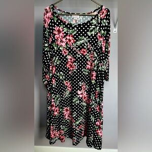 SWAK 2X black with white polka dots and pink floral print 3/4 sleeve dress.